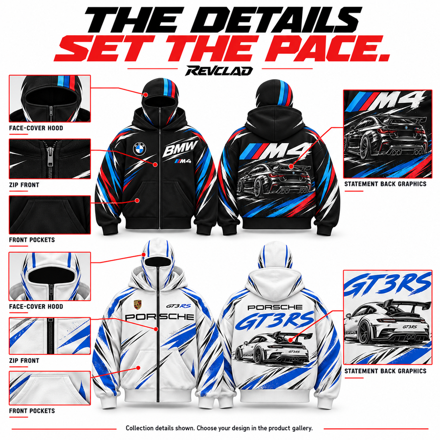 REVCLAD collection details: face-cover hood, zipper, front pockets and back graphics