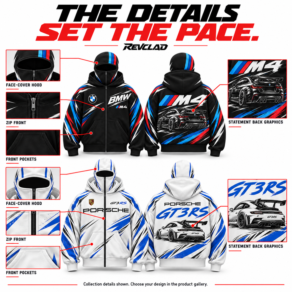 REVCLAD collection details: face-cover hood, zipper, front pockets and back graphics