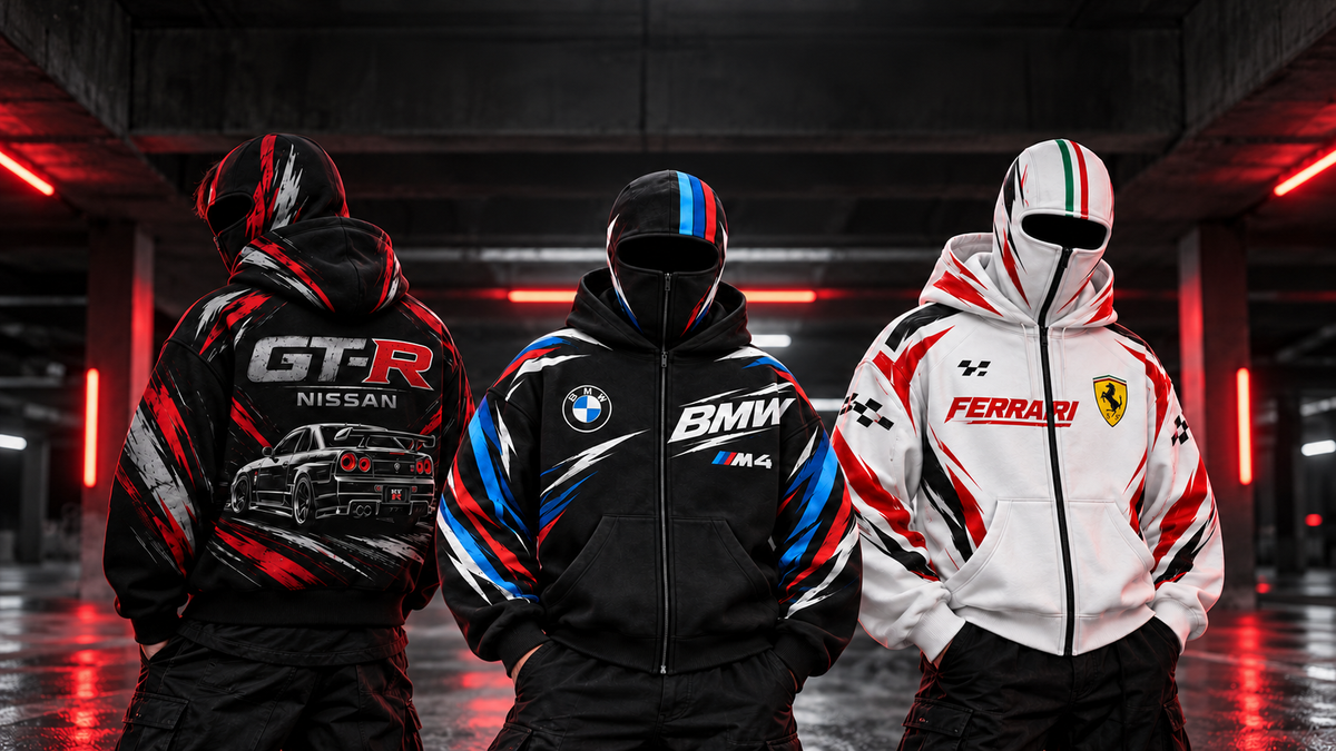 REVCLAD racing hoodie campaign in a dark garage