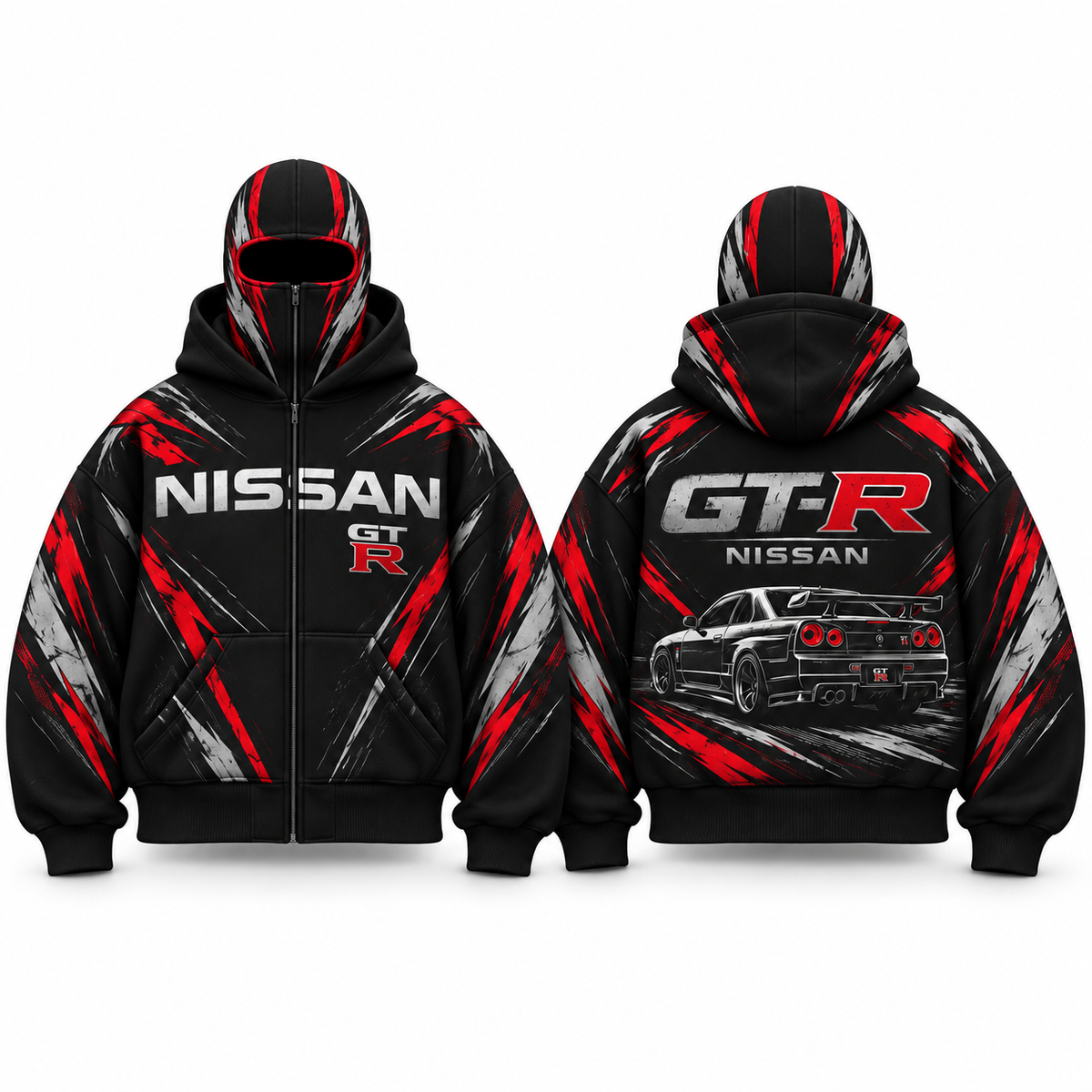 REVCLAD Nightshift GT-R black racing hoodie, front and back concept views