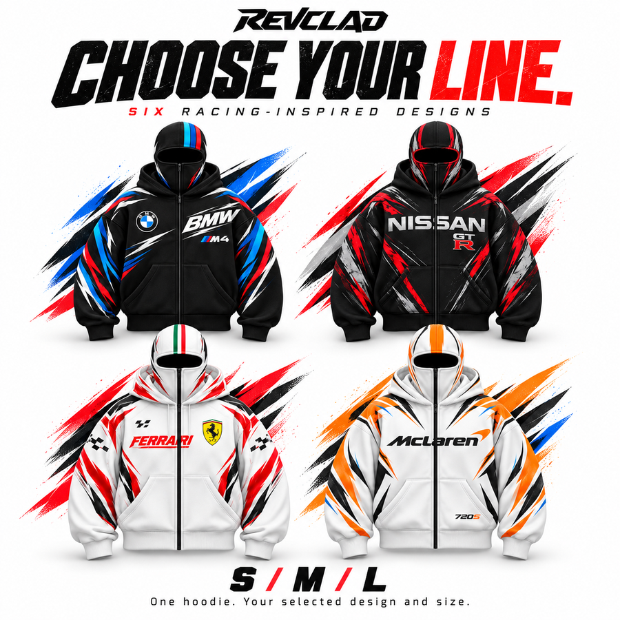 REVCLAD collection overview: racing-inspired hoodies in sizes S, M and L