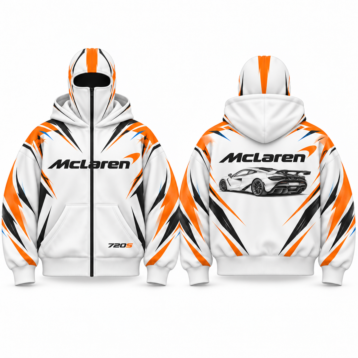 REVCLAD Papaya 720 white racing hoodie with orange graphics, front and back concept views
