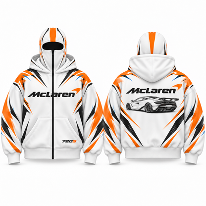 REVCLAD Papaya 720 white racing hoodie with orange graphics, front and back concept views