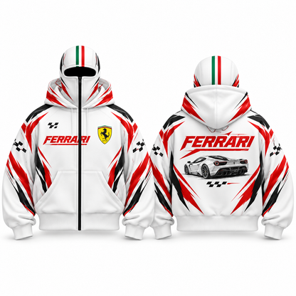 REVCLAD Rosso white racing hoodie with red graphics, front and back concept views