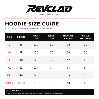 REVCLAD hoodie size guide for S, M, L, XL, XXL and XXXL. US sizes and garment measurements in centimetres.