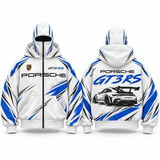 REVCLAD Trackline GT3 RS white racing hoodie with blue graphics, front and back concept views