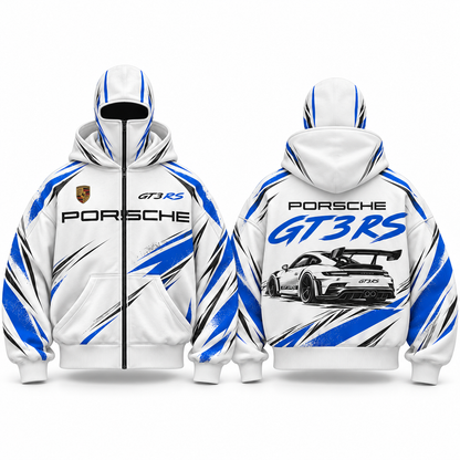 REVCLAD Trackline GT3 RS white racing hoodie with blue graphics, front and back concept views